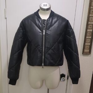 All Saints Black Lamb Leather Quilted Bomber Jacket